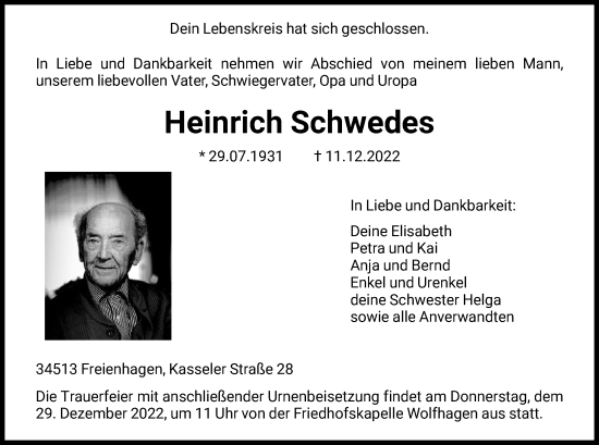 Traueranzeige von Heinrich Schwedes von HNA