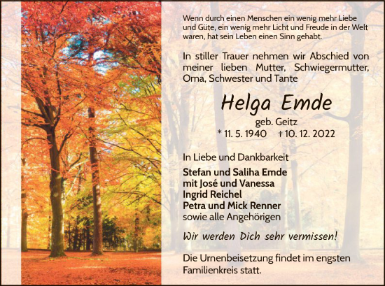 Traueranzeige von Helga Emde von WLZ