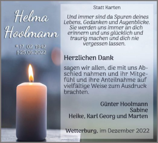 Traueranzeige von Helma Hoolmann von WLZ