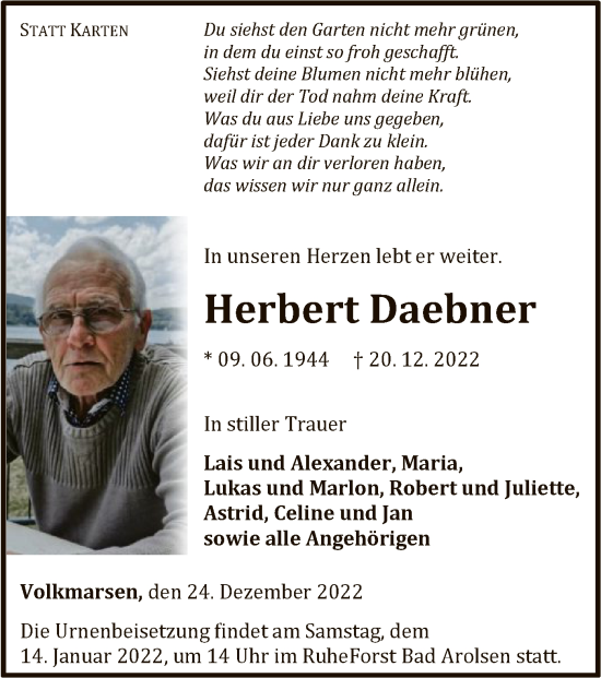 Traueranzeige von Herbert Daebner von WLZ