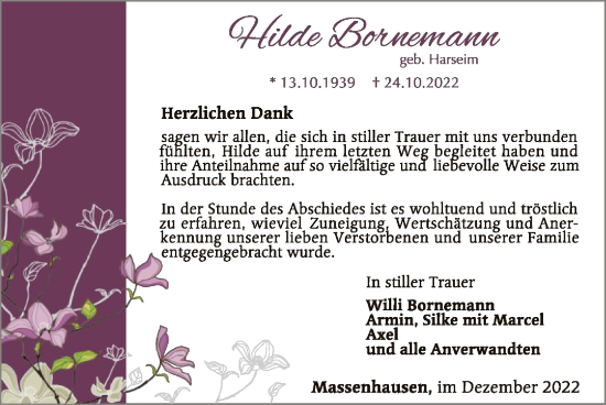 Traueranzeige von Hilde Bornemann von WLZ