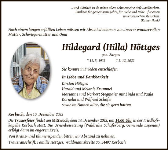 Traueranzeige von Hildegard Höttges von WLZ