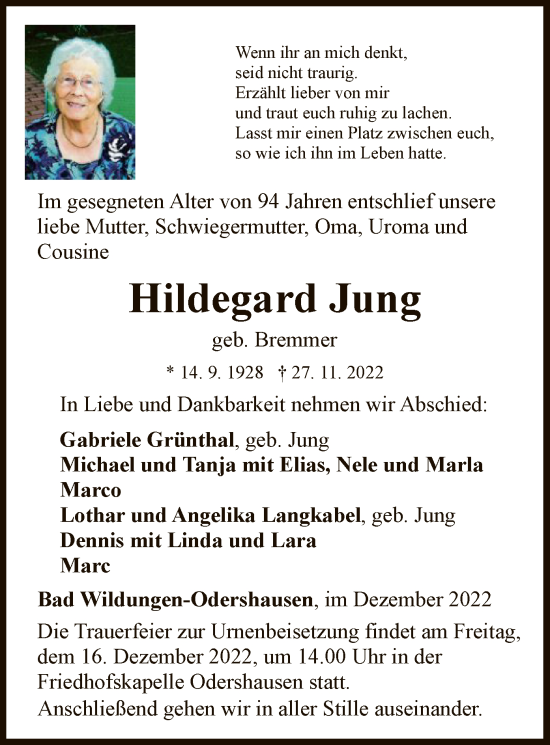 Traueranzeigen Von Hildegard Jung | Trauer.wlz-online.de