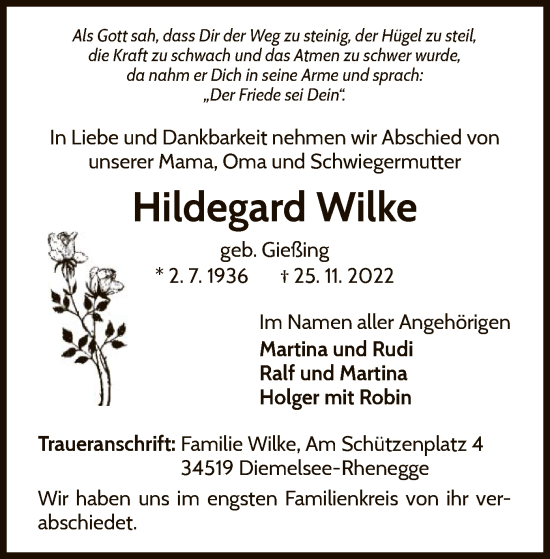 Traueranzeige von Hildegard Wilke von WLZ