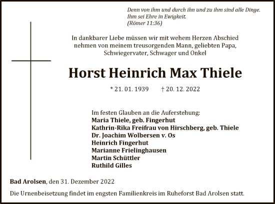 Traueranzeige von Horst Heinrich Max Thiele von WLZ