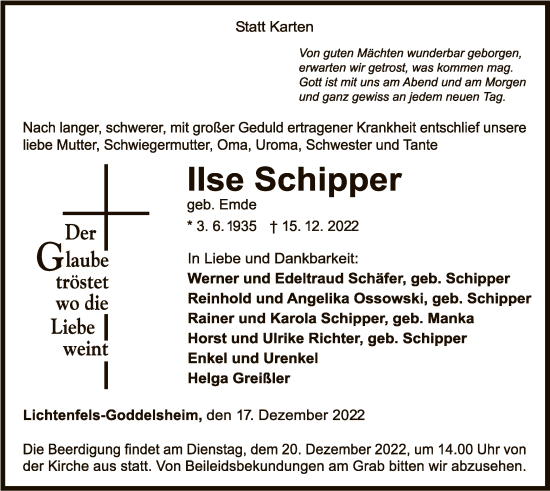 Traueranzeige von Ilse Schipper von WLZ