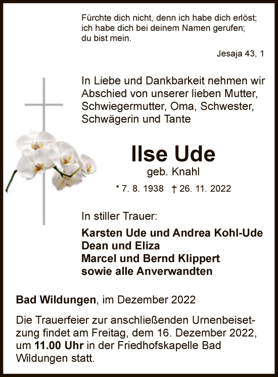 Traueranzeige von Ilse Ude von WLZ
