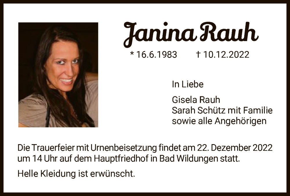  Traueranzeige für Janina Rauh vom 17.12.2022 aus WLZ