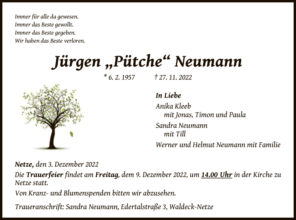  Traueranzeige für Jürgen Neumann vom 03.12.2022 aus WLZ