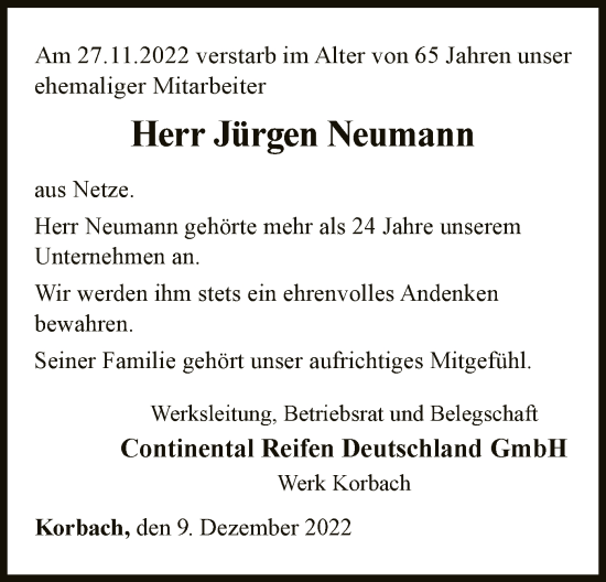 Traueranzeige von Jürgen Neumann von WLZ