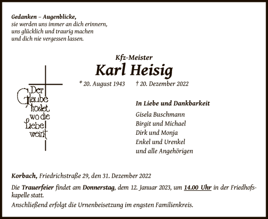 Traueranzeige von Karl Heisig von WLZ