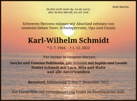 Traueranzeige von Karl-Wilhelm Schmidt von WLZ
