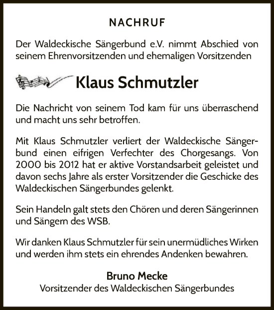 Traueranzeige von Klaus Schmutzler von WLZ