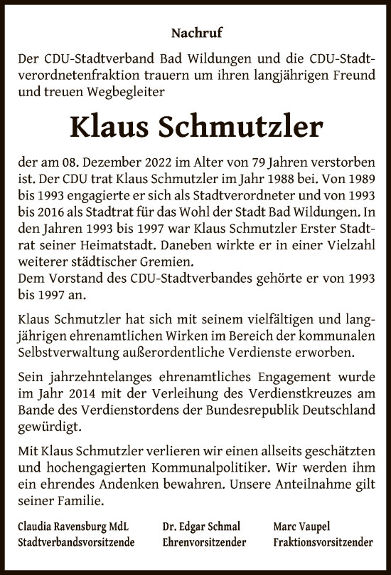 Traueranzeige von Klaus Schmutzler von WLZ