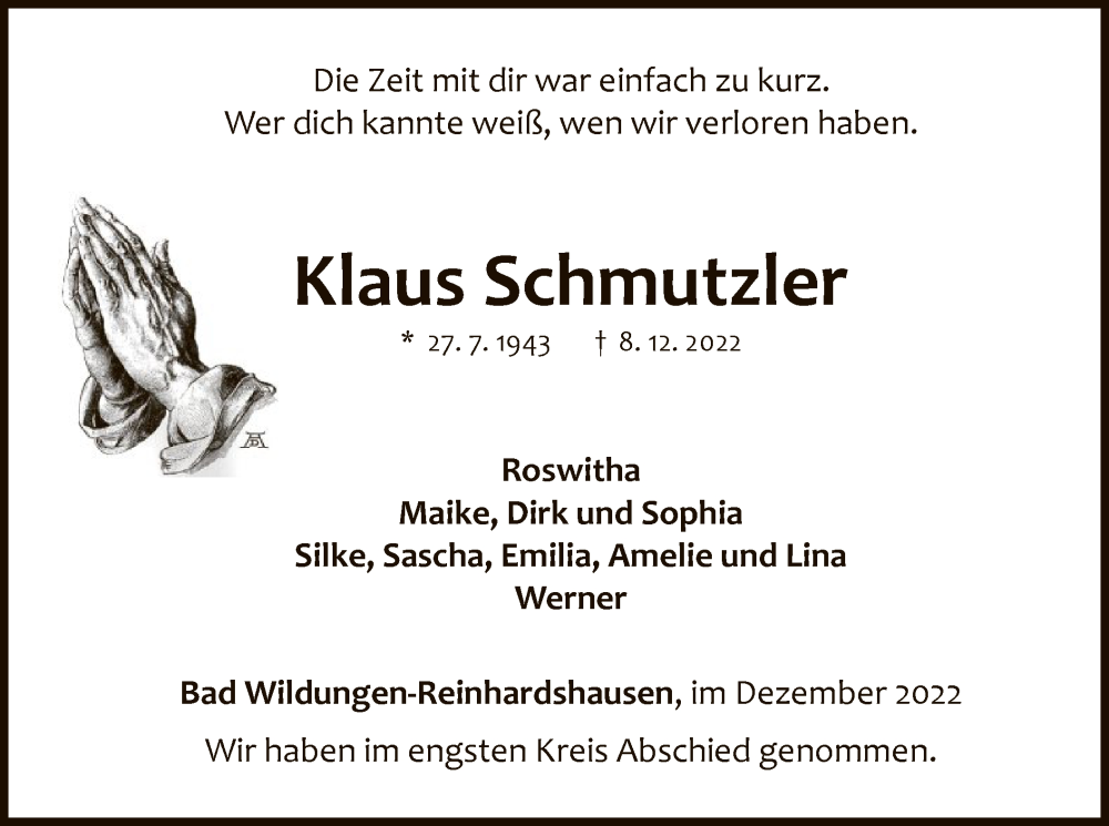  Traueranzeige für Klaus Schmutzler vom 21.12.2022 aus WLZ