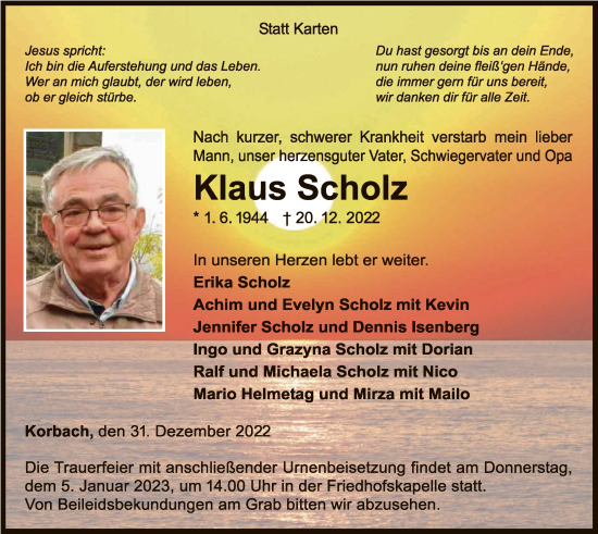 Traueranzeige von Klaus Scholz von WLZ