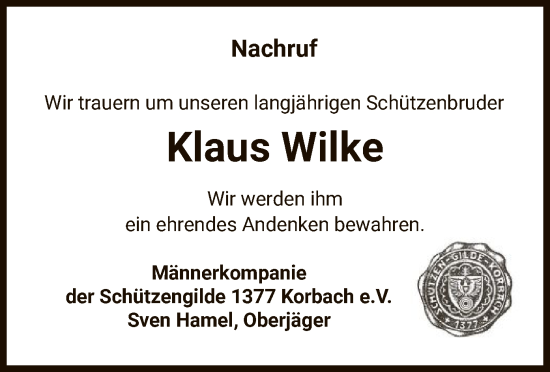 Traueranzeige von Klaus Wilke von WLZ