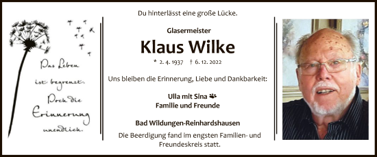 Traueranzeige von Klaus Wilke von WLZ