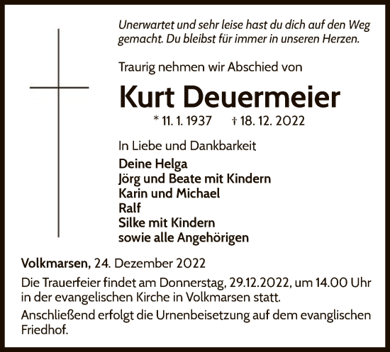 Traueranzeige von Kurt Deuermeier von WLZ