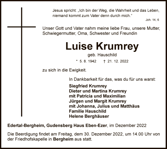 Traueranzeige von Luise Krumrey von WLZ