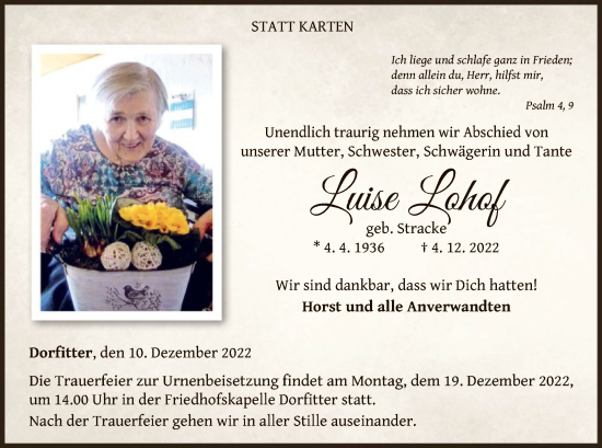 Traueranzeige von Luise Lohof von WLZ