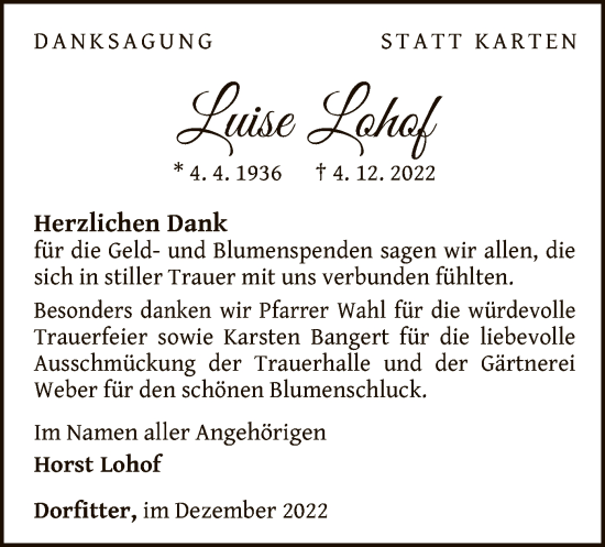 Traueranzeige von Luise Lohof von WLZ