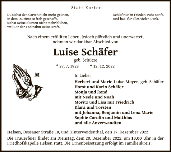 Traueranzeige von Luise Schäfer von WLZ