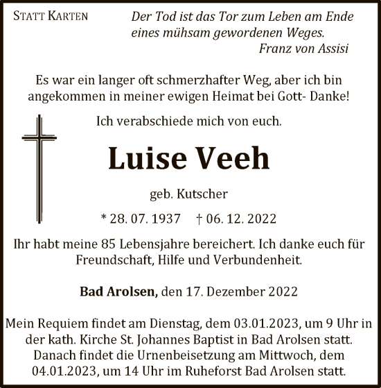 Traueranzeige von Luise Veeh von WLZ
