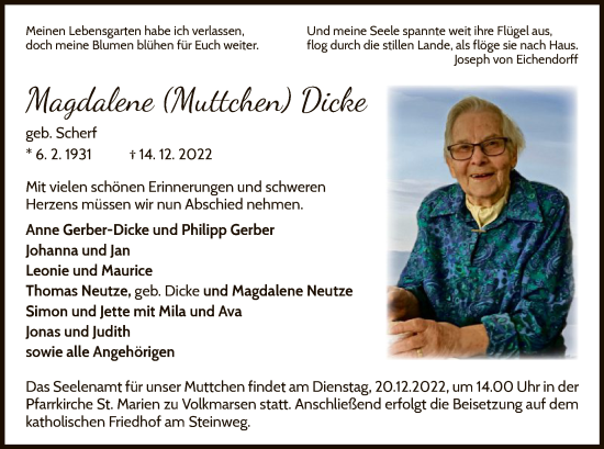 Traueranzeige von Magdalene Dicke von WLZ