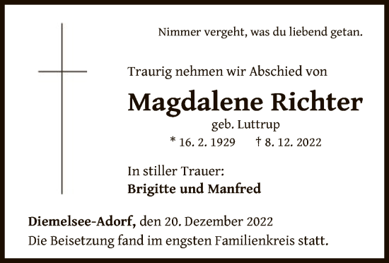 Traueranzeige von Magdalene Richter von WLZ