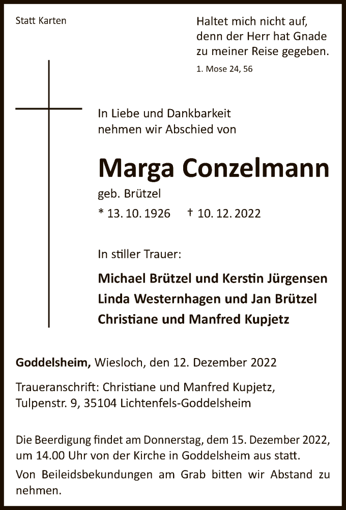  Traueranzeige für Marga Conzelmann vom 13.12.2022 aus WLZ