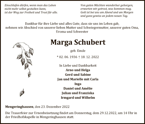 Traueranzeige von Marga Schubert von WLZ