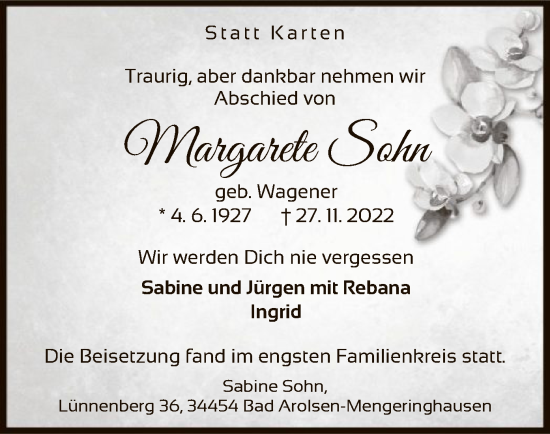 Traueranzeige von Margarete Sohn von WLZ