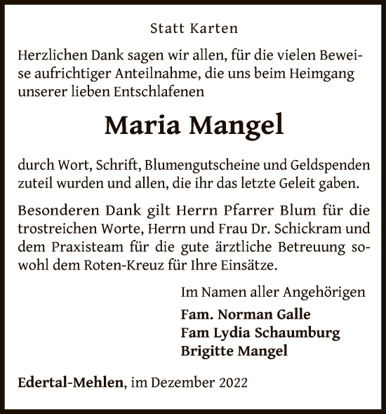 Traueranzeige von Maria Mangel von WLZ