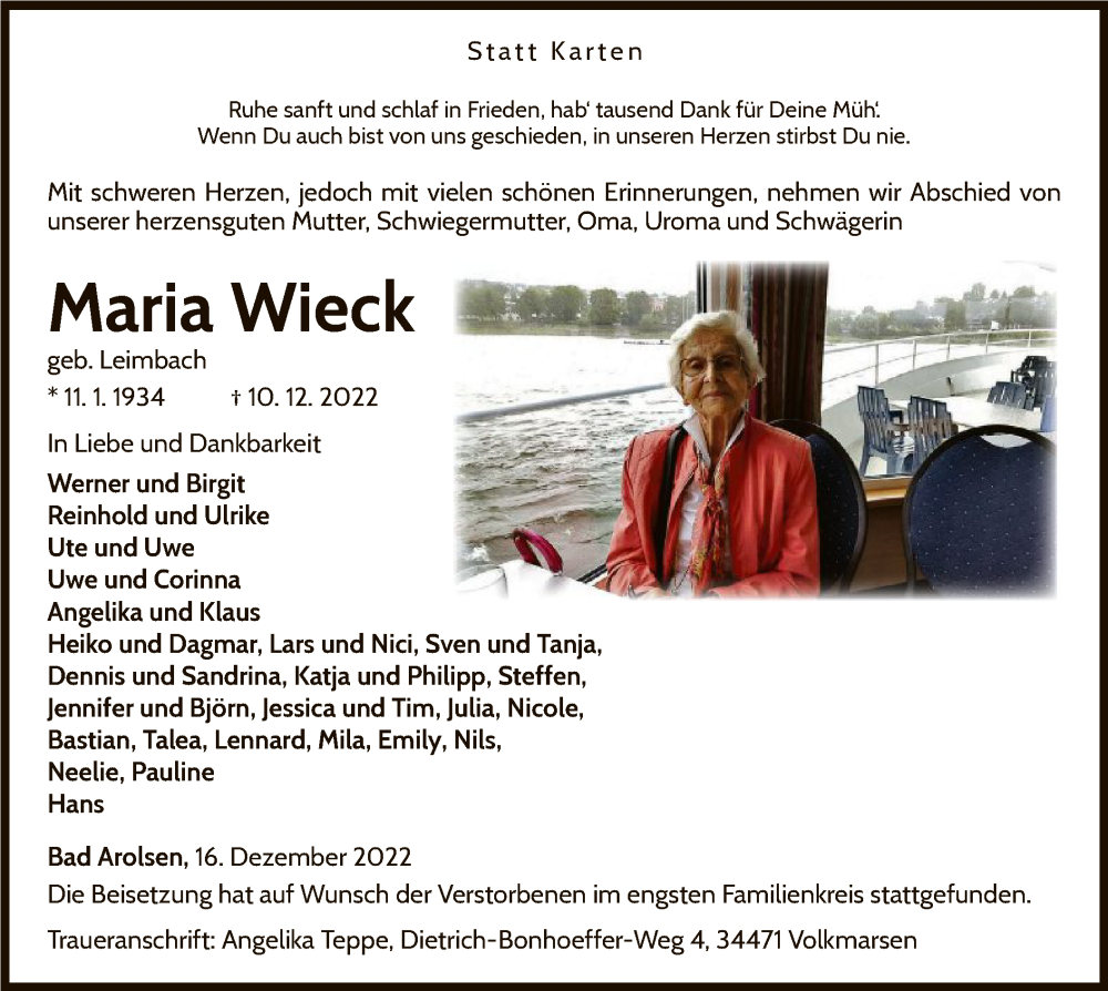  Traueranzeige für Maria Wieck vom 16.12.2022 aus WLZ