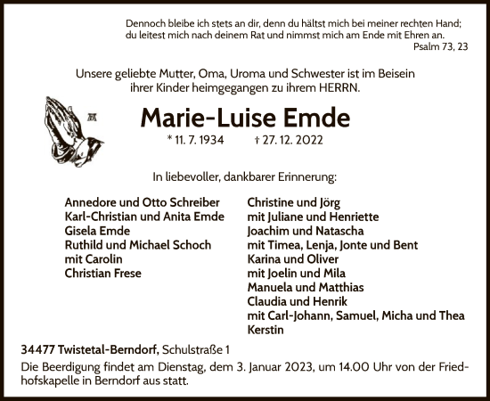 Traueranzeige von Marie-Luise Emde von WLZ