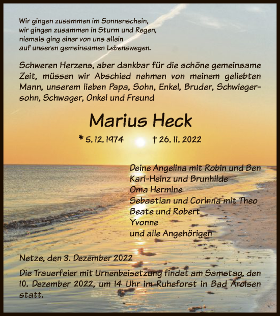 Traueranzeige von Marius Heck von HNA