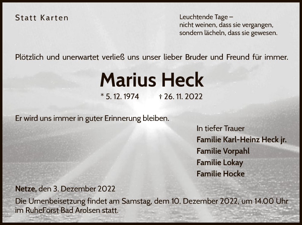  Traueranzeige für Marius Heck vom 03.12.2022 aus WLZ