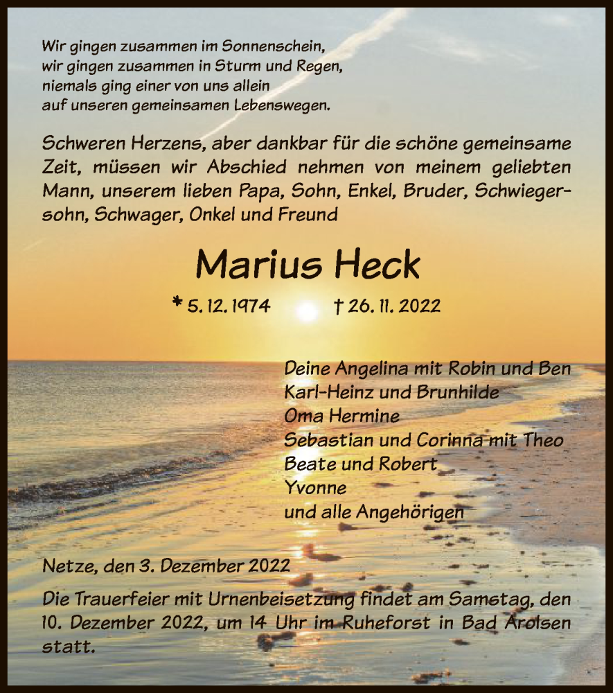  Traueranzeige für Marius Heck vom 03.12.2022 aus HNA