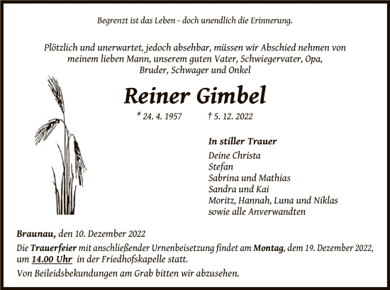 Traueranzeige von Reiner Gimbel von WLZ