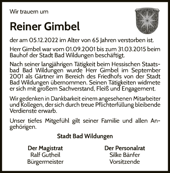 Traueranzeige von Reiner Gimbel von WLZ