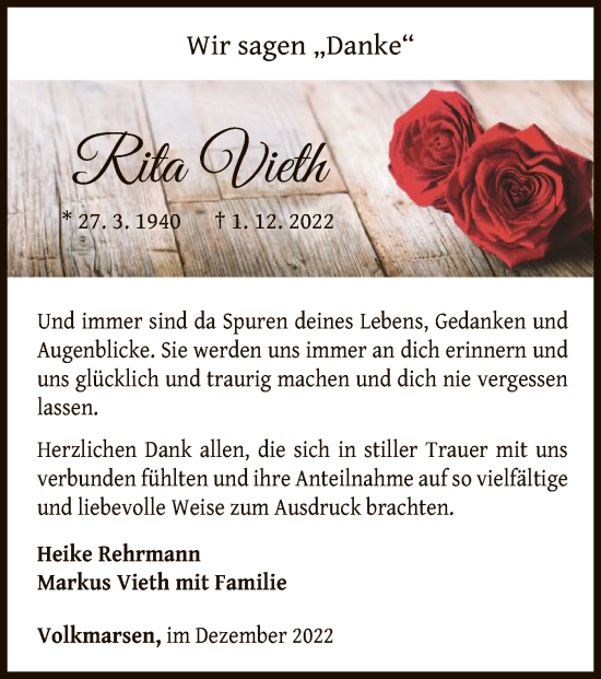 Traueranzeige von Rita Vieth von WLZ