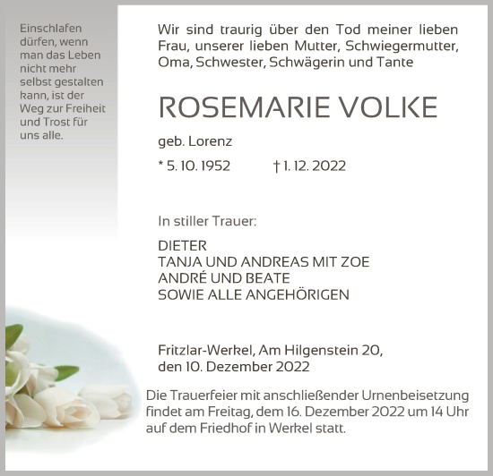 Traueranzeige von Rosemarie Volke von HNA