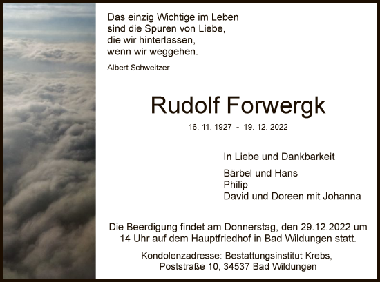 Traueranzeige von Rudolf Forwergk von WLZ