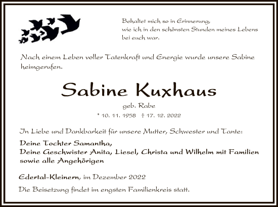 Traueranzeige von Sabine Kuxhaus von WLZ