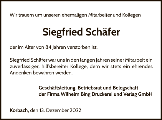 Traueranzeige von Siegfried Schäfer von WLZ