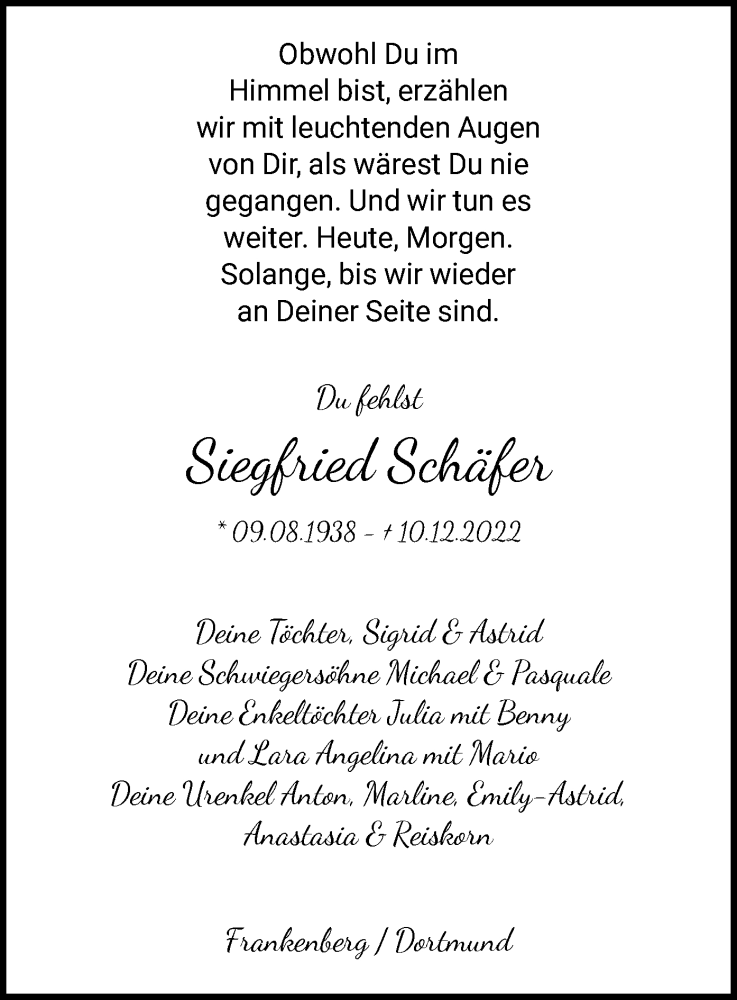  Traueranzeige für Siegfried Schäfer vom 14.12.2022 aus HNA