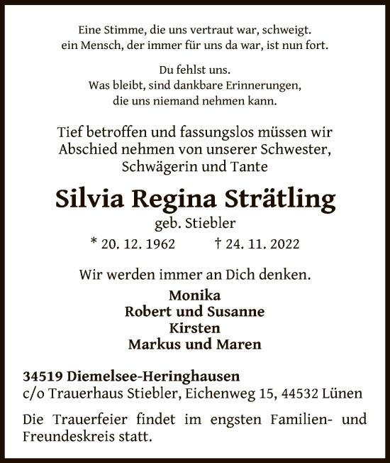 Traueranzeige von Silvia Regina Sträfling von WLZ