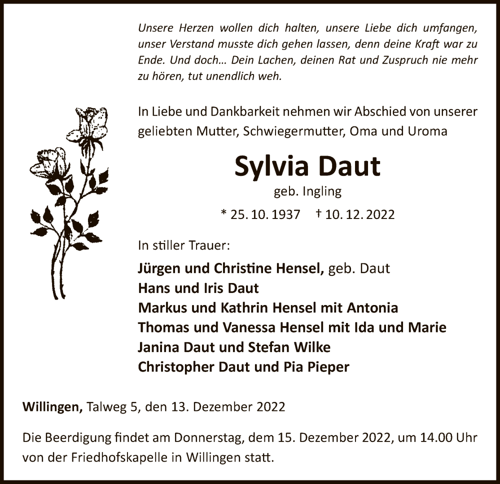  Traueranzeige für Sylvia Daut vom 13.12.2022 aus WLZ