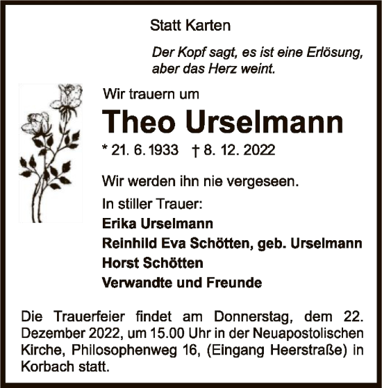 Traueranzeige von Theo Urselmann von WLZ